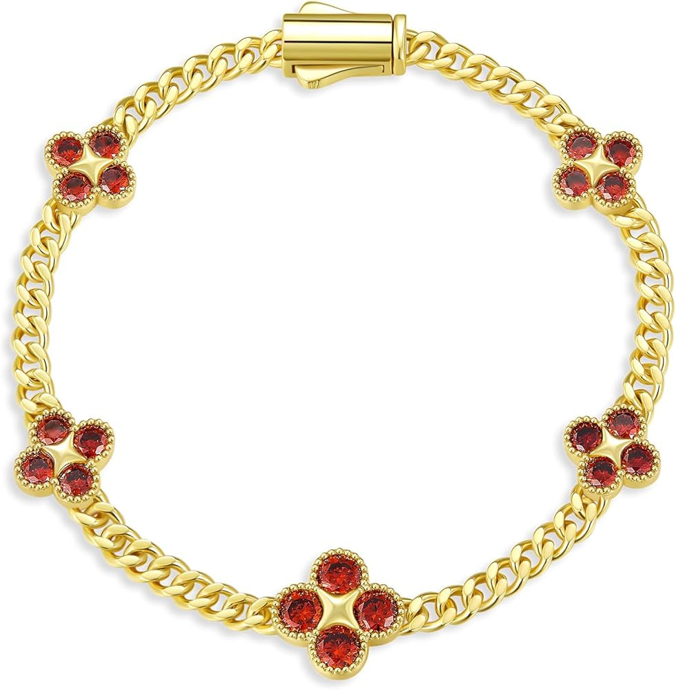 Birthstone Bracelet for women 14K Gold Filled, Four-Leaf Clover round cut gemstones & 7 inches Cu... | Amazon (US)