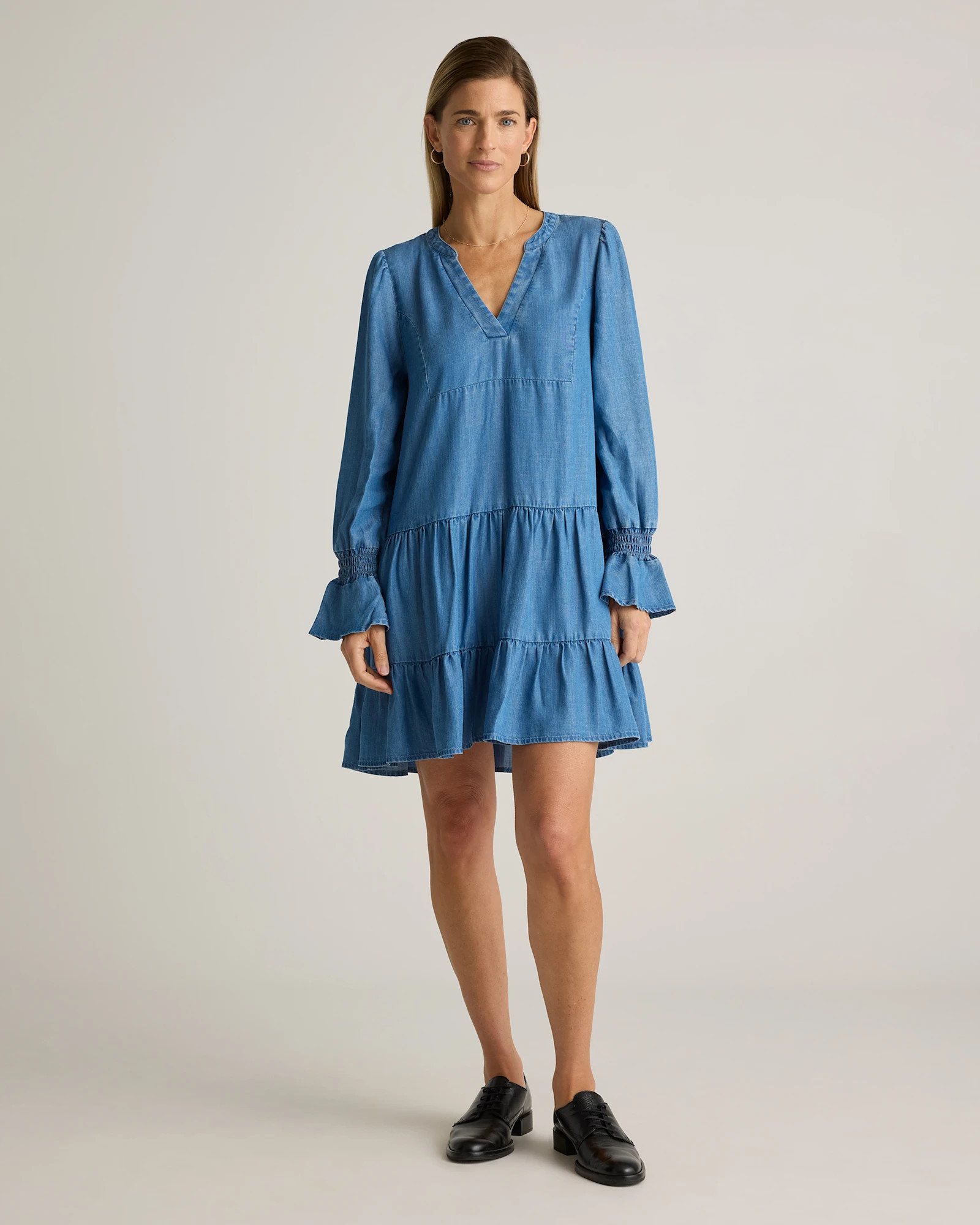 Chambray Tencel Tiered Long Sleeve Mini Dress | Quince