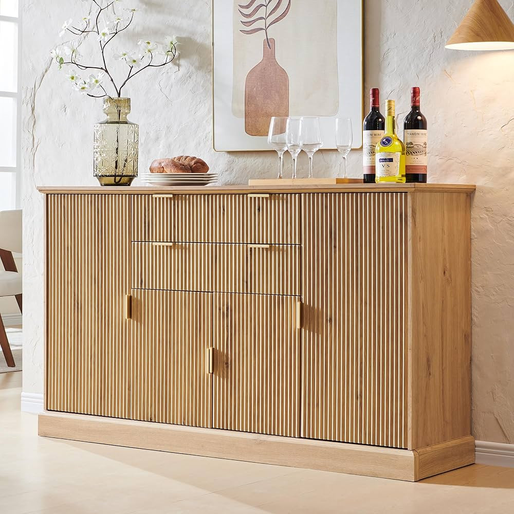 Fluted Buffet Cabinet with Storage, Sideboard Cabinet with Adjustable Shelves, Wood Rustic Coffee... | Amazon (US)
