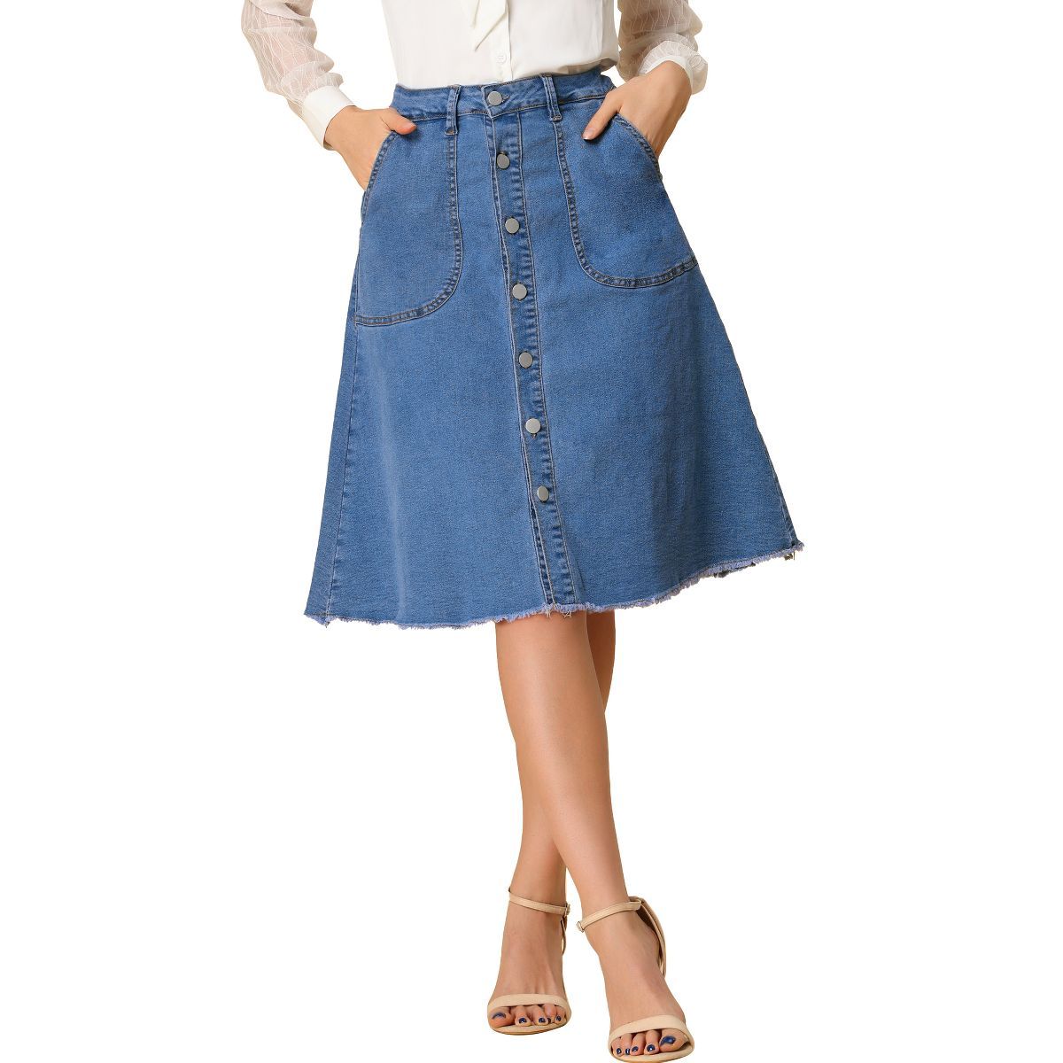 Allegra K Women's Denim Skirts Raw Hem Button Down Midi Jeans Skirt | Target