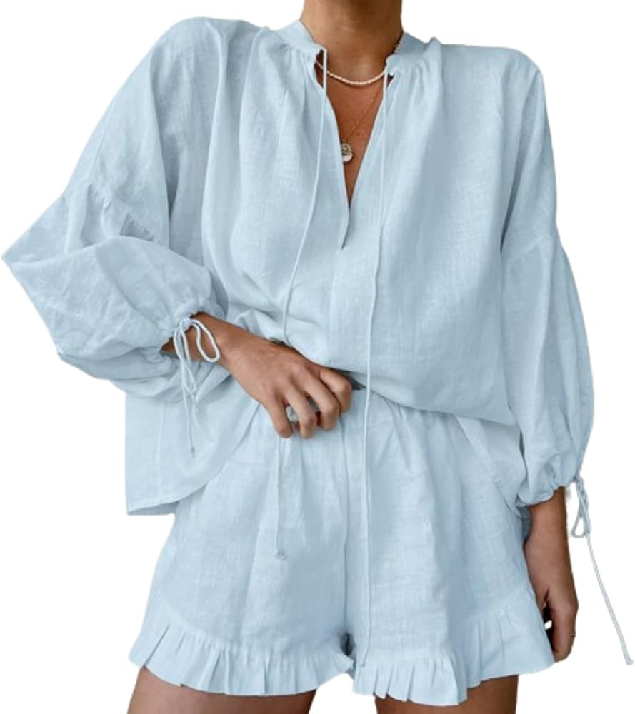 Two Piece Long Sleeve Pleated Tops V Neck Sexy Tops Casual Baggy Tops for Women Baggy Pleated Sho... | Amazon (US)