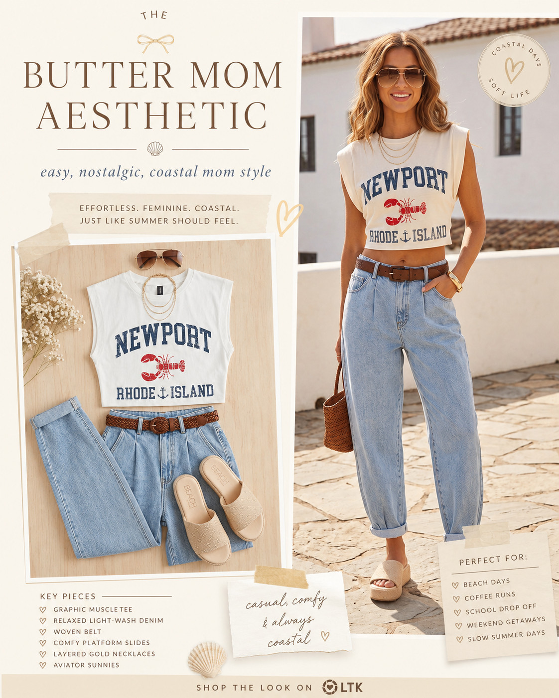 Butter mom aesthetic, but make it coastal 🤍

This look is easy, nostalgic, and perfect for slow summer days- a graphic muscle tee, relaxed light-wash denim, woven belt, comfy platform slides, layered gold jewelry, and aviator sunnies.

Perfect for coffee runs, school drop-off, beach days, weekend getaways, or casual summer errands.

Linking the full look + similar pieces here.

#buttermom #90sfashion #beachlooks 

 #LTKootd #LTKmomlife
