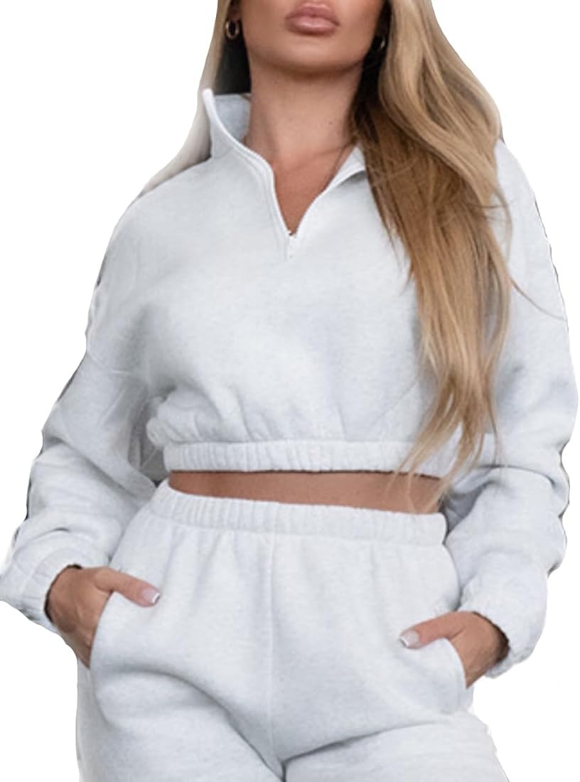 TIC TOC Women Fleece Cropped Pullover Half Zip Up Sweatshirt With Elastic Hems | Amazon (US)