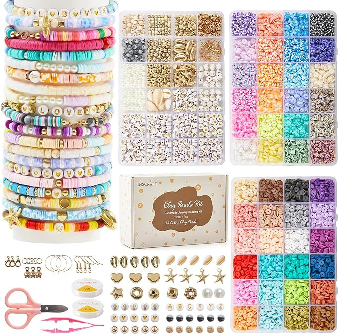 INSCRAFT 11000 Pcs Clay Beads for Bracelet Making Kit, 48 Colors Flat Round Polymer Clay Beads, F... | Amazon (US)