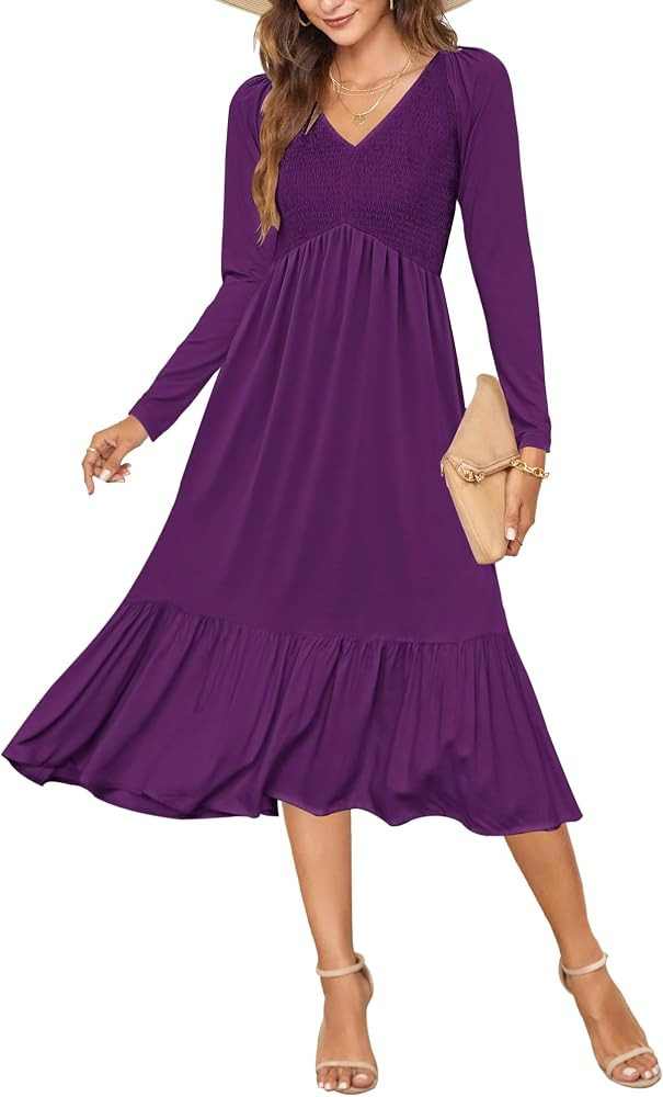 AUSELILY Women's Fall Empire Waist Dress 2025 Smocked Flutter Long Sleeve V Neck Flowy Tiered Mid... | Amazon (US)