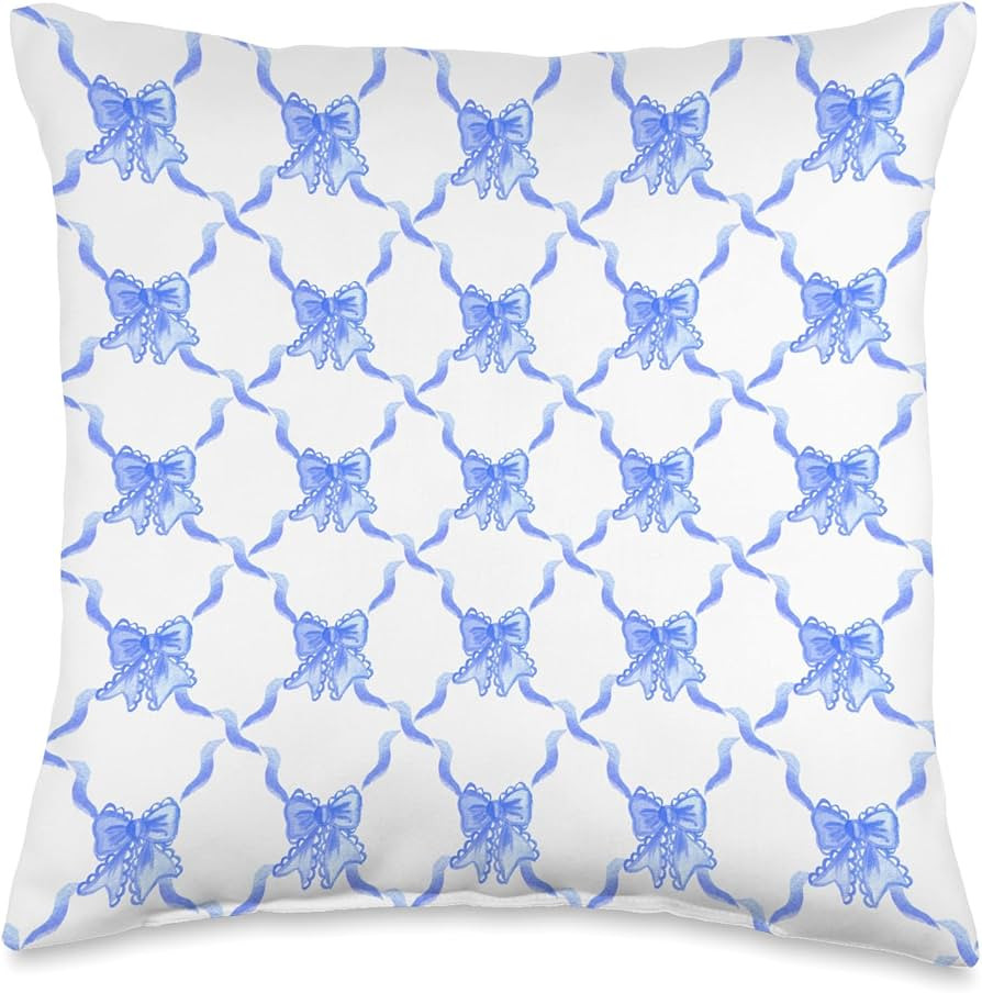 Blue Bow Ribbon Preppy Aesthetic Grandmillennial Romantic Throw Pillow, 16x16, Multicolor | Amazon (US)