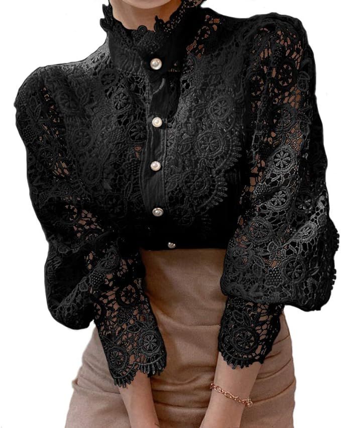 Women’s Stand Collar Lace Patchwork Shirts Casual Hollow Out Flower Petal Sleeve Button Tops | Amazon (US)