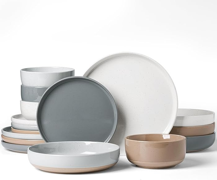 Famiware Milkyway Stoneware Dinnerware Sets with Pasta Bowls, Service for 4 (16 Pieces), Plates a... | Amazon (US)