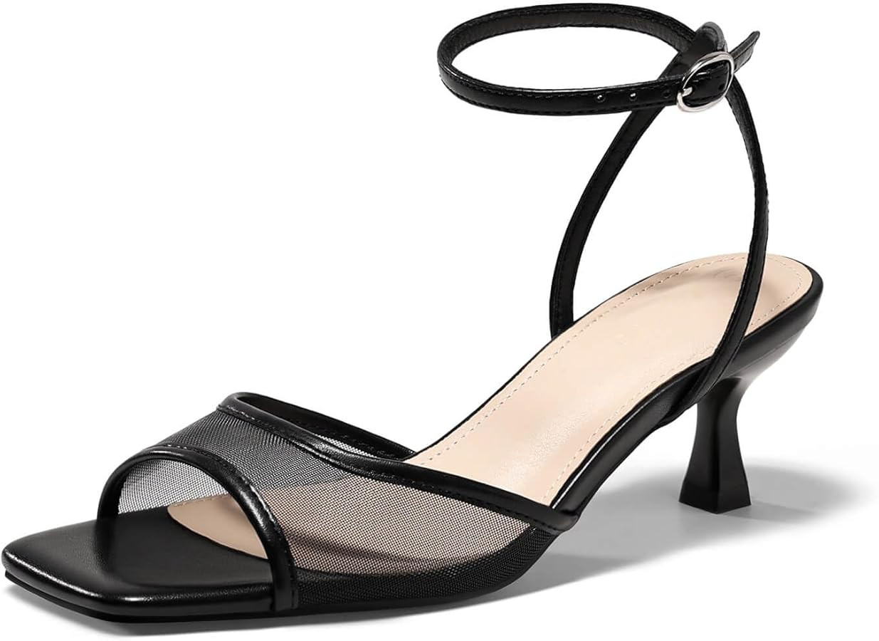 Coutgo Womens Kitten Low Heels Strappy Sandals Mesh Square Open Toe Buckle Ankle Strap Summer Dre... | Amazon (US)