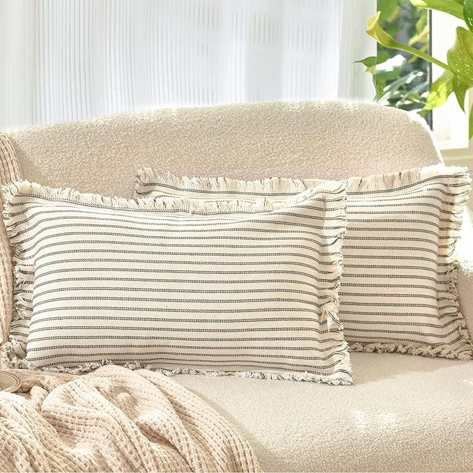 ZWJD Juego de 2 fundas de almohada de 12 x 20 pulgadas, a rayas con flecos, de algodón, decorati... | Amazon (US)