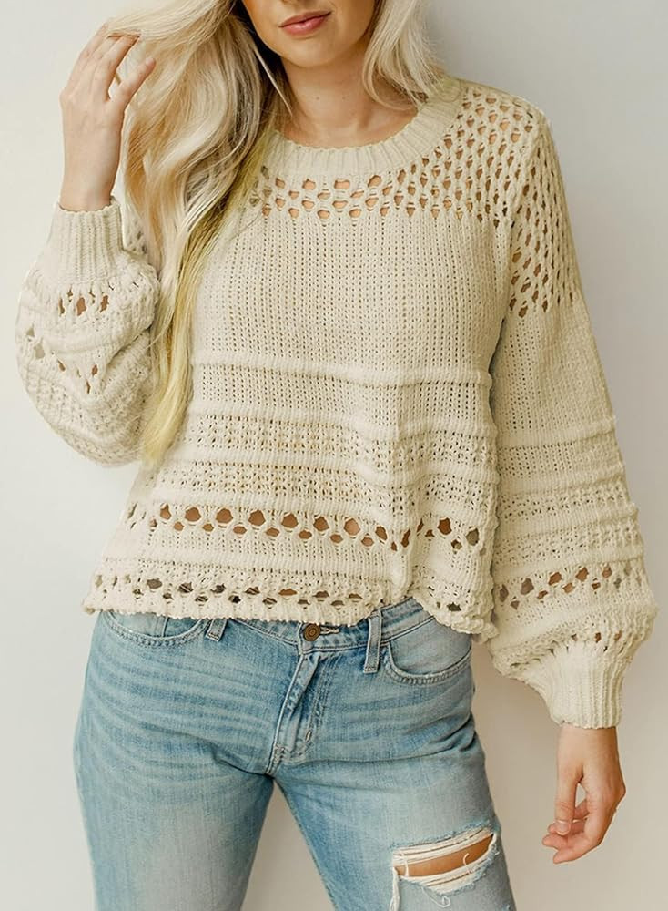 Dokotoo Women's Lantern Long Sleeve Sweater Tops Crewneck Crochet Hollow Out Knit Pullover Jumper To | Amazon (US)