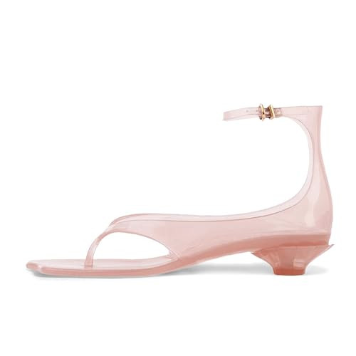 KISSASA Jelly Sandals Shoes for Women Fip Flop Kitten Heel Sandals Clear Ankle Strap Thong Heels Summer Low Heeled Summer Dress Shoes Baby Pink Size 8 | Amazon (US)