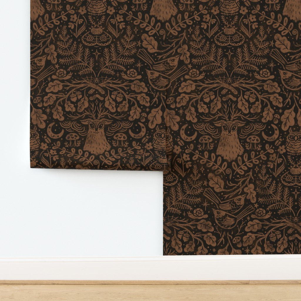 (L) Night in the Forest Woodland Damask - Bleached Black & Brown - Historic Wallpaper | Spoonflow... | Spoonflower