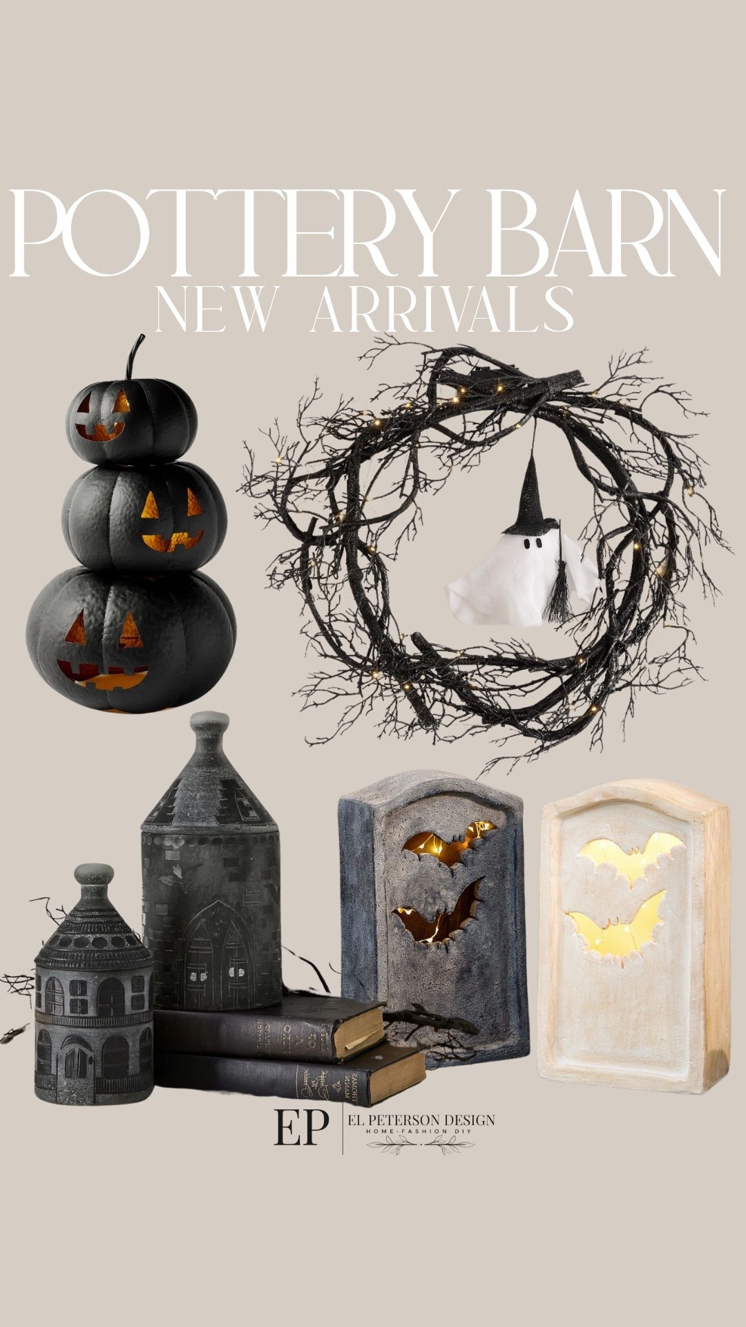 Pottery Barn 
New Halloween Arrivals
Wreath
Stacked pumpkin
Tombstone 
Haunted house candles

#LTKHome