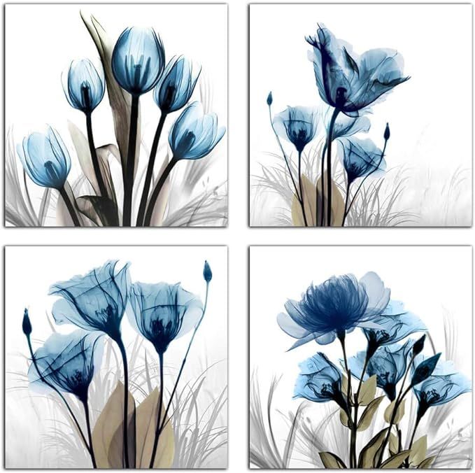 Flower Canvas Prints Wall Art Decor 4 Panels Blue Elegant Tulip Artwork Simple Life Picture for L... | Amazon (US)