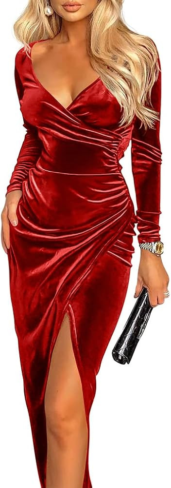 ZileZile Women's Sexy Long Sleeve Ruched Dress Velvet V Neck Cocktail Party Evening Club Maxi Dre... | Amazon (US)