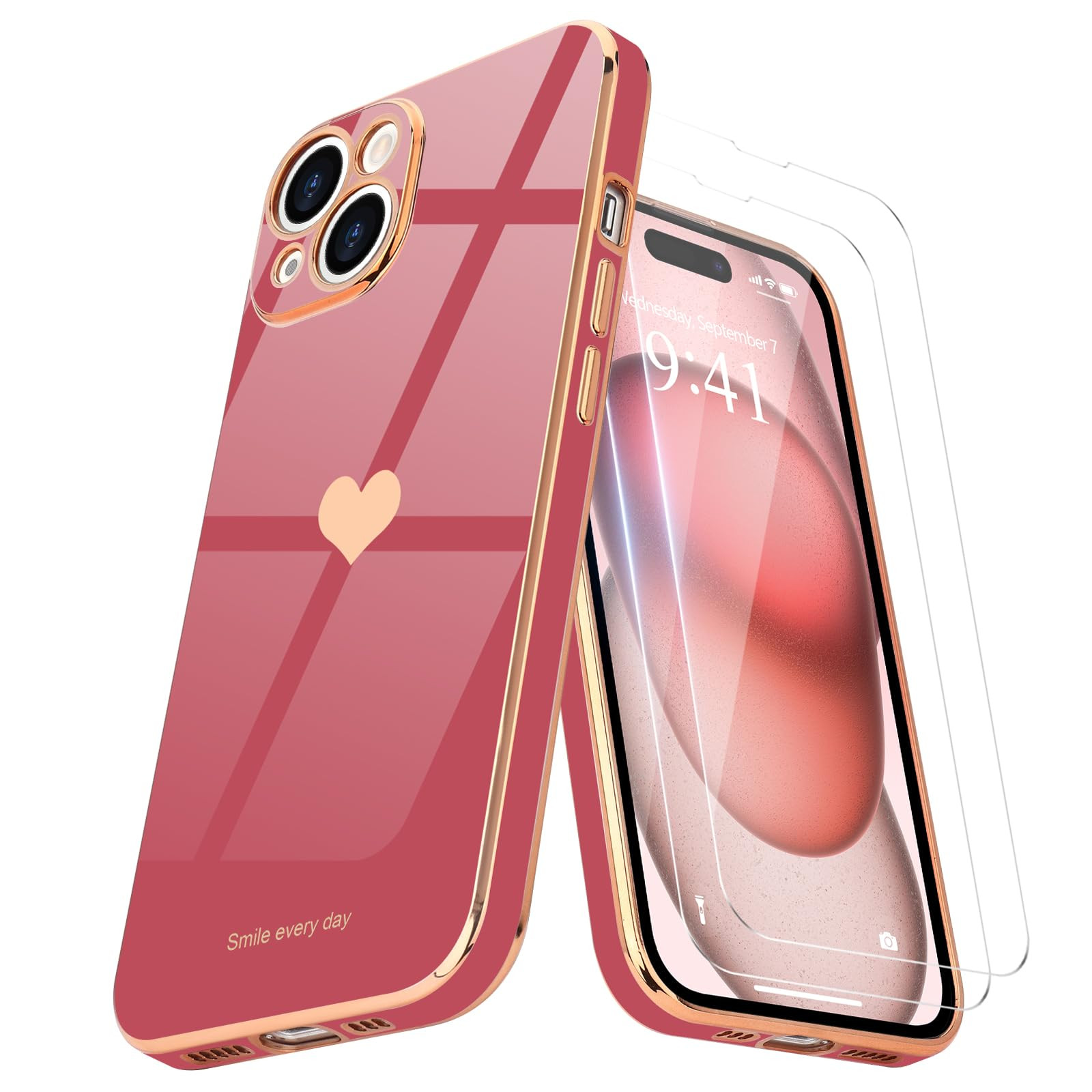 Teageo for iPhone 15 Case with Screen Protector [2 Pack] for Girl Women Cute Girly Love-Heart Lux... | Amazon (US)