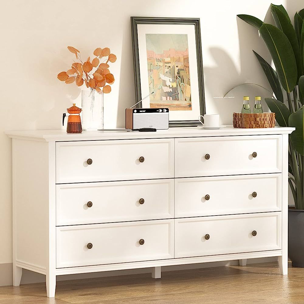 IKENO 6 Drawer Double Dresser, 55 inch Solid Wood Bedroom Dresser in White | Amazon (US)