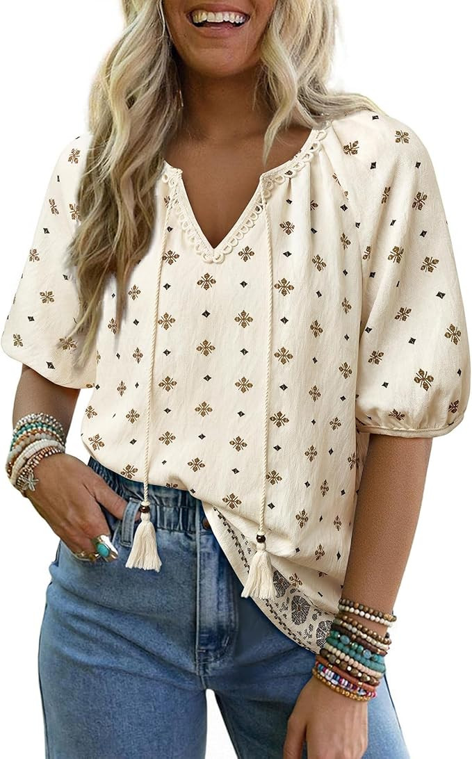 Chvity Womens Summer Boho Tops Flowy Floral Print Shirt Tie Front Vacation Clothes Casual V Neck ... | Amazon (US)