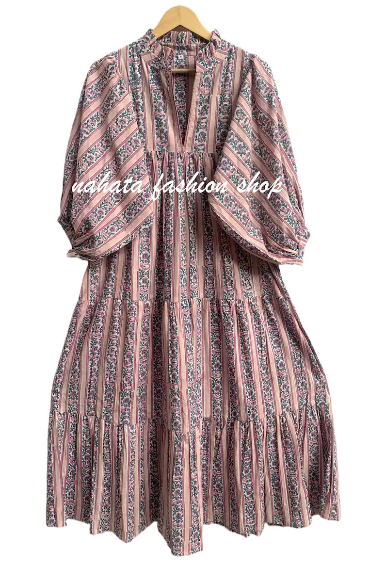 Dusty Rose Floral Hand Block Print Maxi Dress, Pink Teal Striped Cotton Dress, Boho Tiered Summer... | Etsy (Global)