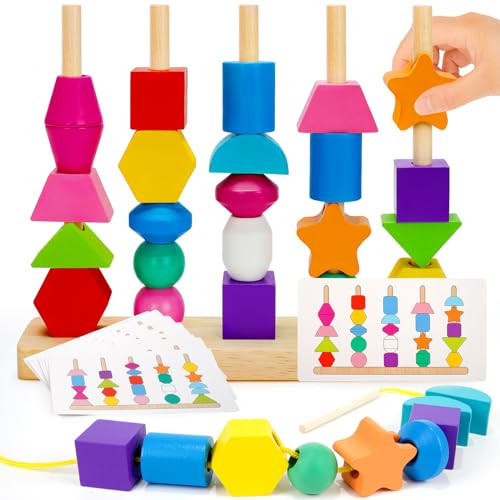 Montessori Toys for 2 3 4 Year Old Kid Boy Girl Toddler, Montessori Wooden Beads Sequencing Toy Set, Lacing Beads & Stacking Block & Matching Shape Stacker, STEM Preschool Learning Toy Birthday Gift | Amazon (US)