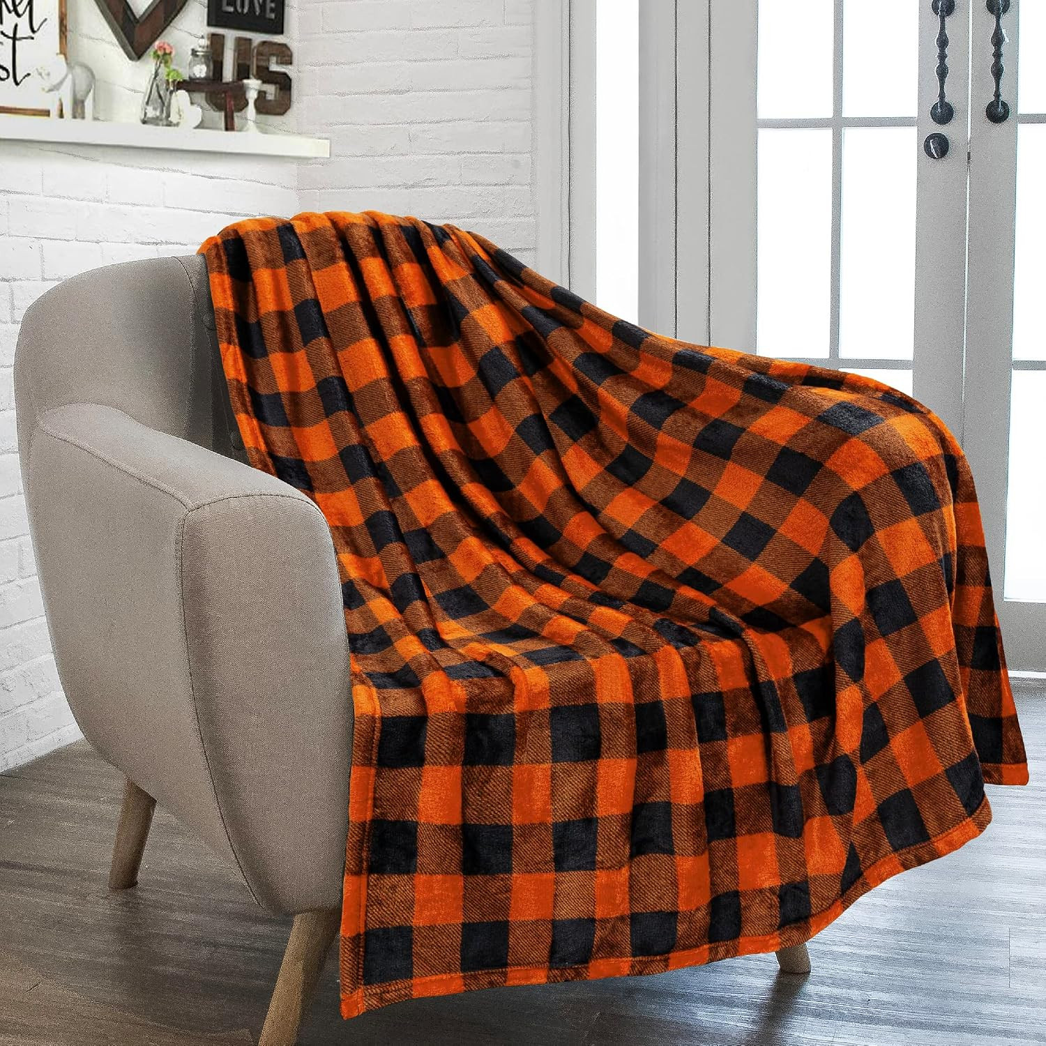 PAVILIA Black and Orange Buffalo Plaid Fleece Throw Blanket for Couch, Soft Halloween Flannel Blanket for Sofa, Orange Checkered Plaid Fall Couch Throw, Warm Cozy Fall Bed Blanket Decor Gift, 50x60 | Amazon (US)