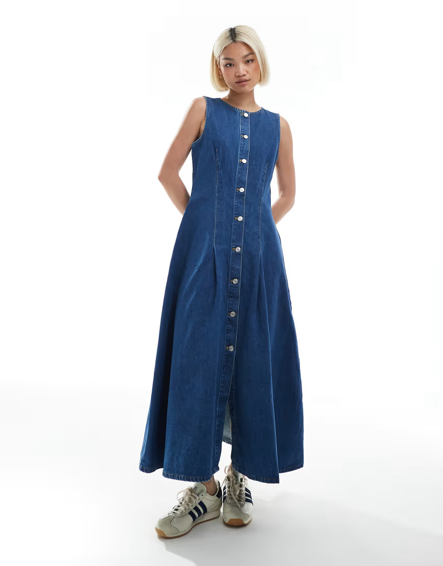ASOS DESIGN button down denim maxi dress with waist darts in mid blue | ASOS (Global)