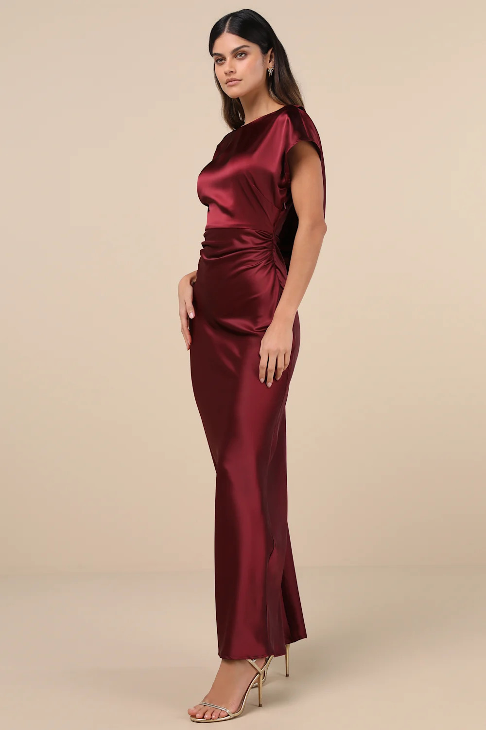 Captivating Presence Wine Red Satin Cowl Back Maxi Dress | Lulus