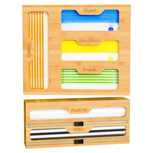 KOCWELL Bamboo Bag Storage Organizer - 2 Wrap Dispenser with Cutter & 4 Slots Food Storage Bags Container - Kitchen Drawer Plastic Bags Storage Organization for Gallon Quart Sandwich Snack Bags | Amazon (US)