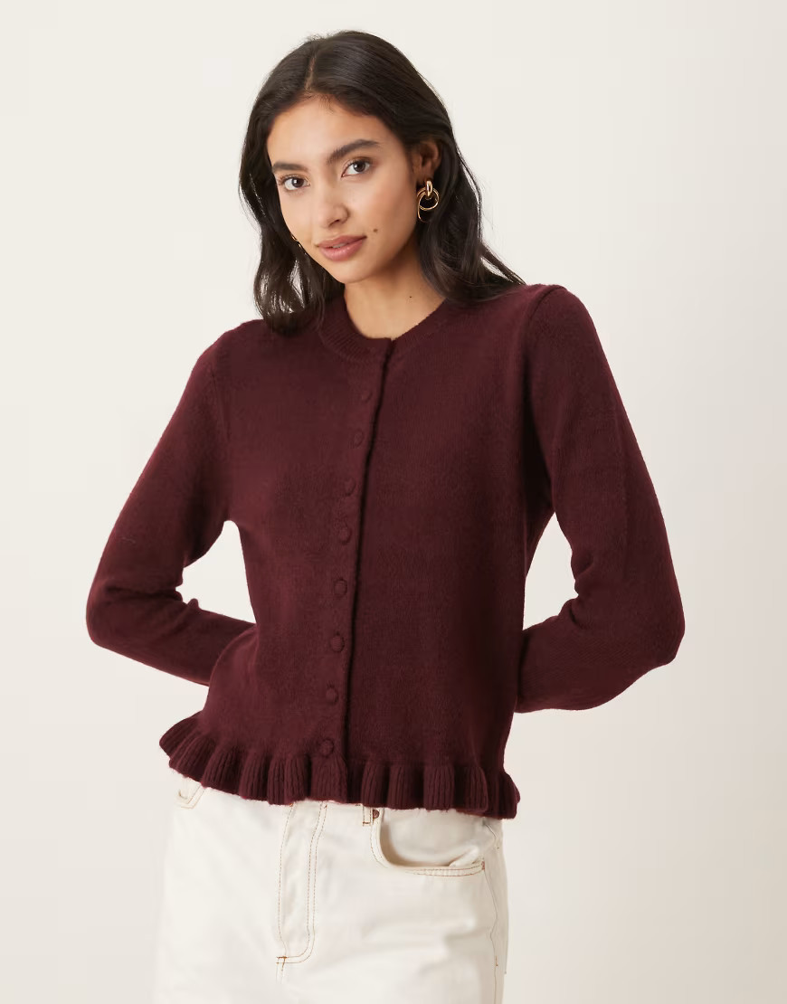 Mango cardigan with peplum hem in burgundy-Red | ASOS (Global)