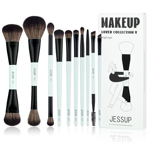 Jessup Makeup Brushes Set 10pcs, Double Sided Foundation Contour Blush Highlight Blending Eyebrow Brush Eyeshadow Eyeliner Concealer Brush, Bright Cyan Cruelty Free Cosmetic Tools T500 | Amazon (US)