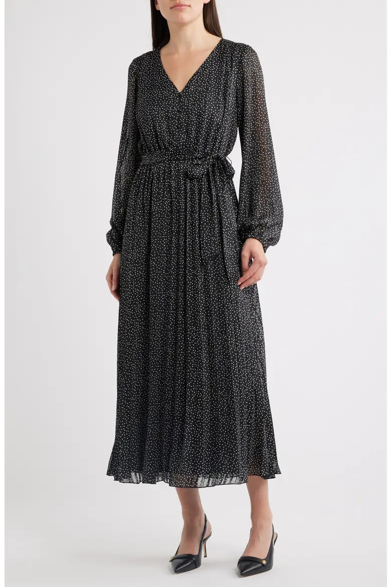 Polka Dot Metallic Thread Long Sleeve Pleated Dress (Women) | Nordstrom | Nordstrom