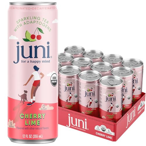 Juni Sparkling Adaptogen Drink with Ashwagandha, Lion’s Mane & Reishi Mushrooms | Green Tea for Focus, Zero Sugar, 5 Calories | Decaffeinated, Non Alcoholic Drinks - Cherry Lime 12 pack | Amazon (US)