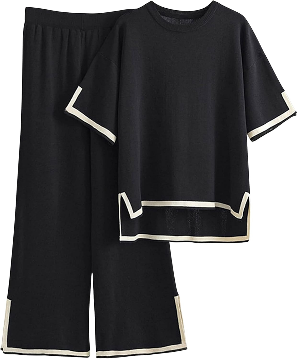 Tanming Sweater Sets Women 2 Piece Lounge Sets Short Sleeve Knit Pullover Tops Wide Leg Pants | Amazon (US)
