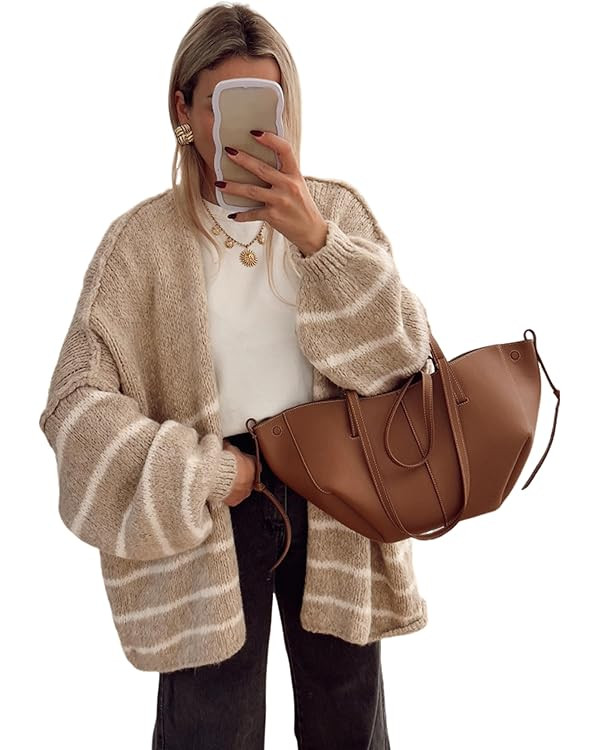 Bankeng Women's Oversized Striped Cardigan Sweaters Fall Long Lantern Sleeve Knit Open Front Ligh... | Amazon (US)