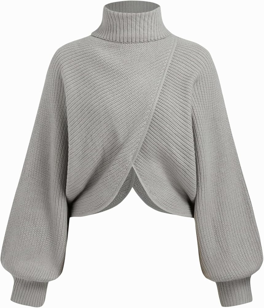CIDER Cropped Sweaters for Women Turtleneck Sweater Long Sleeve Ribbed Knit Lantern Sleeve Pullov... | Amazon (US)