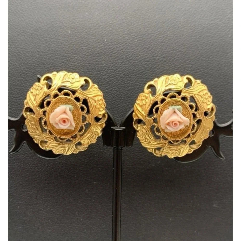 Vintage 1928 Brand Ornate Gold Tone\u200e Pink Porcelain Rose Button Stud Earrings | Poshmark