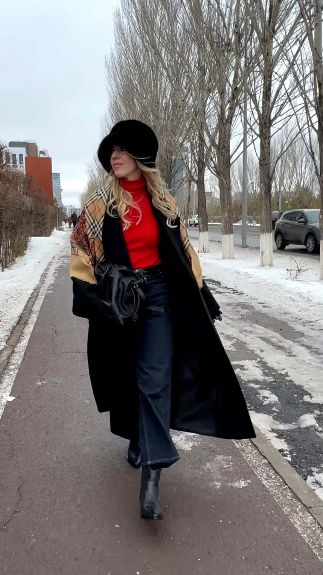 Oversized black wool coat winter outfit, fur bucket hat, plaid scarf, cropped dark wash jeans, black western boots, black leather gloves 

#LTKOver40 #LTKSeasonal #LTKFindsUnder100
