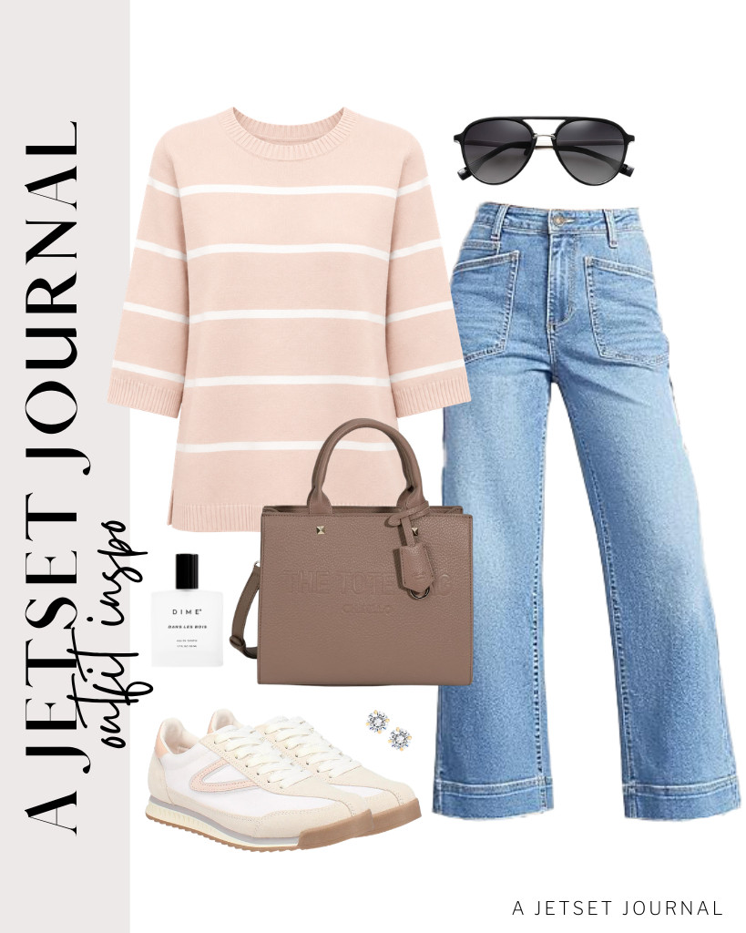 The apricot-colored top with white stripes goes well with these wide-leg jeans from Cicy Bell. A top-handle bag purse and SOJOS retro aviator sunglasses are perfect for this fit. Step into these TRETORN lace-up sneakers and spray this DIME Beauty Dans Les Bois Perfume before heading out.

#LTKSeasonal #LTKSaleAlert #LTKTravel
 

 