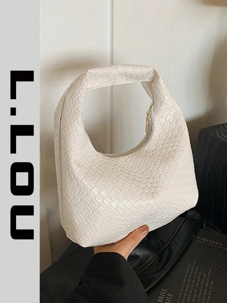 Modische Geflochtene Halbmondförmige Handtasche, Geflochtene Textur Geprägte Einfarbige Lässige Große Shopper Schultertasche, Vielseitiger Arbeitsbeutel, Aktentasche, Baguette Tasche | SHEIN