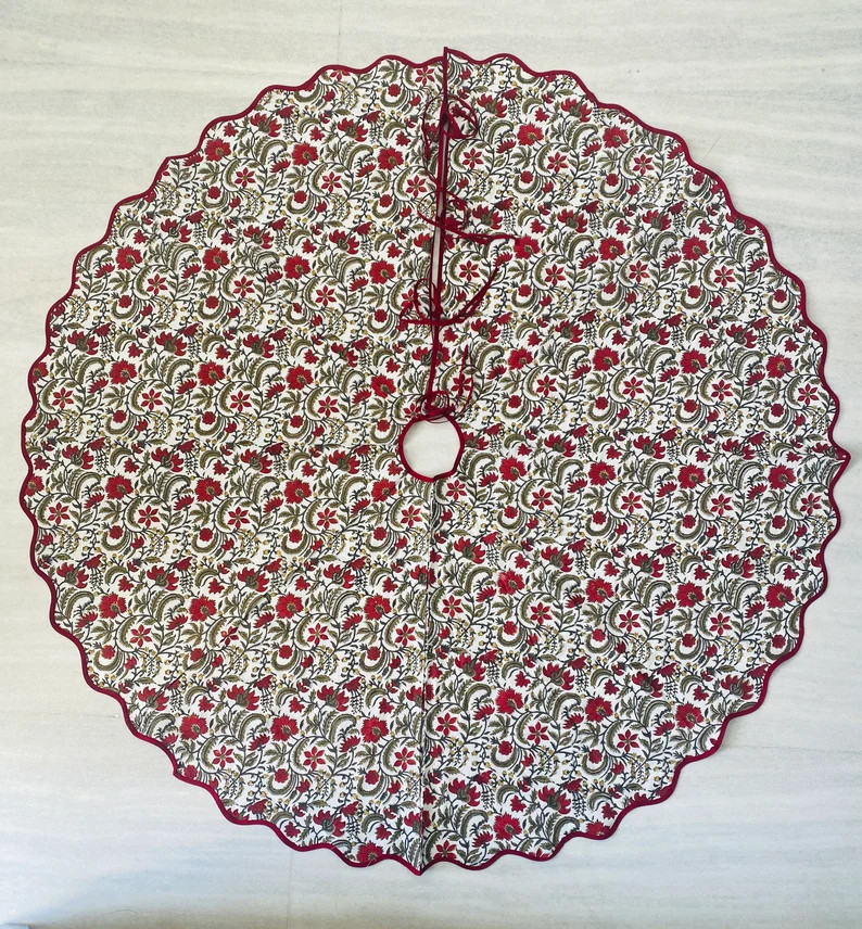 Indian Floral Hand Block Printed Piping Scallops Cotton Cloth Christmas Tree Skirt, Farmhouse Out... | Etsy (US)