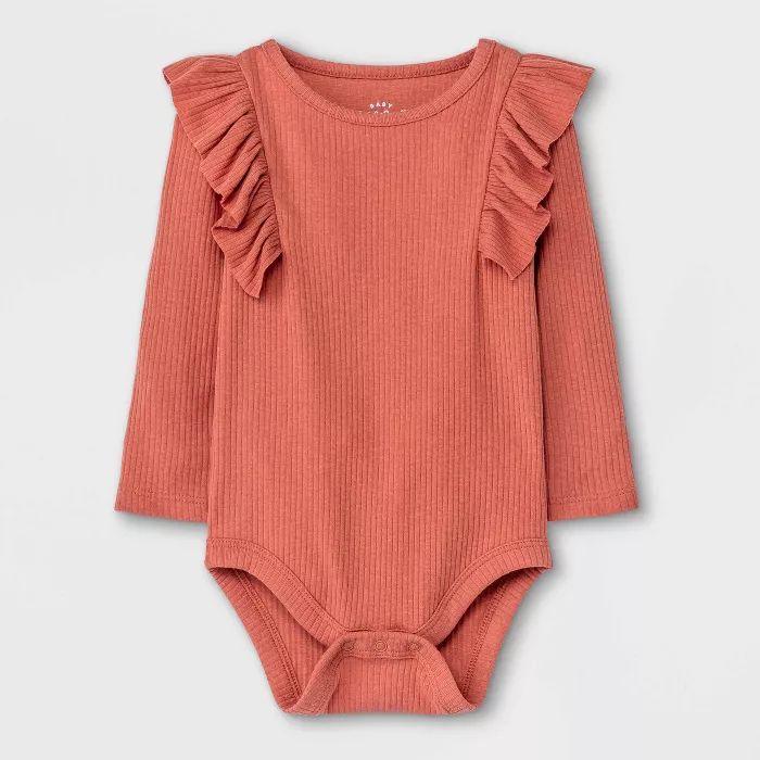 Baby Girls' Rib Ruffle Long Sleeve Bodysuit - Cat & Jack™ Copper Brown | Target