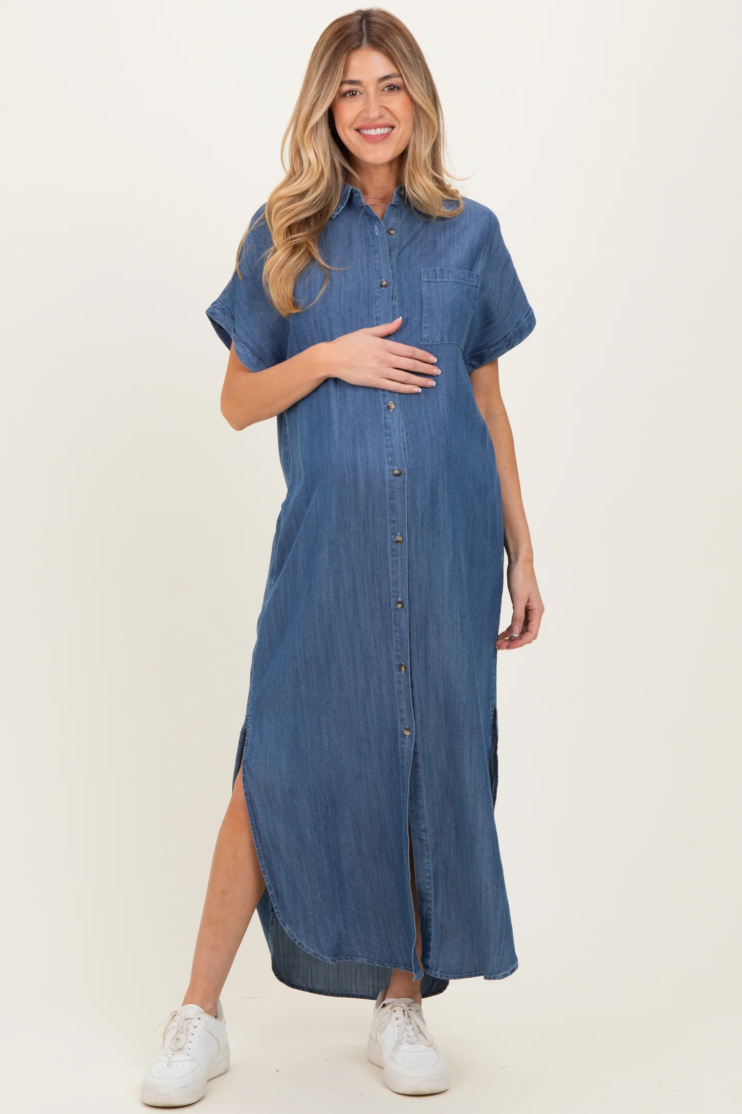 Blue Chambray Button Down Maternity Shirt Dress | PinkBlush Maternity