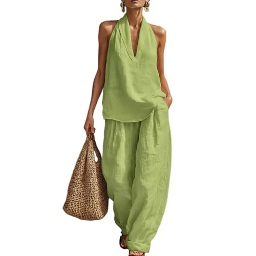 Amazon.com: JSLOOO Womens Linen 2 Piece Sets Fashion Sleeveless V Neck Halter Top Matching Baggy ... | Amazon (US)