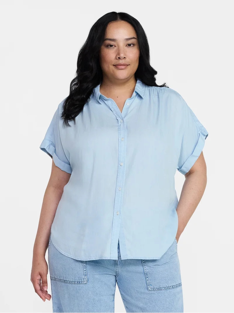 Time and Tru Women's Chambray Camp Shirt with Short Sleeves, Sizes XS-XXXL | Walmart (US)