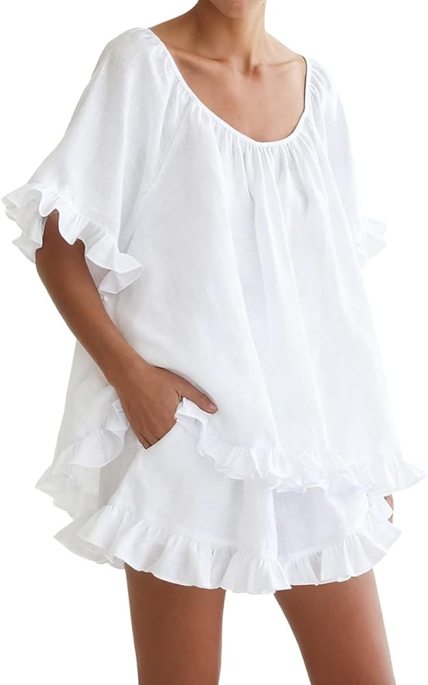 Womens 2 Piece Short Set Fashion Summer Short Sleeve Ruffle Trim Top and Shorts Cotton Pajama Set... | Amazon (US)