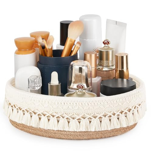 Mkono Makeup Perfume Holder Organizer Macrame Decorative Woven Rope Basket Boho Decor Cosmetics Desk Storage Baskets for Dresser Skin Care Lotions Essential Oils Dorm Room Essentials,Yellow and White | Amazon (US)