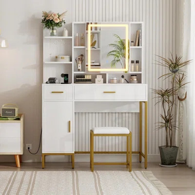 Makeup Vanity Desk, Vanity Desk with Lights in 3 Colors, Vanity Table with Charging Station, Visible Drawers | Wayfair North America