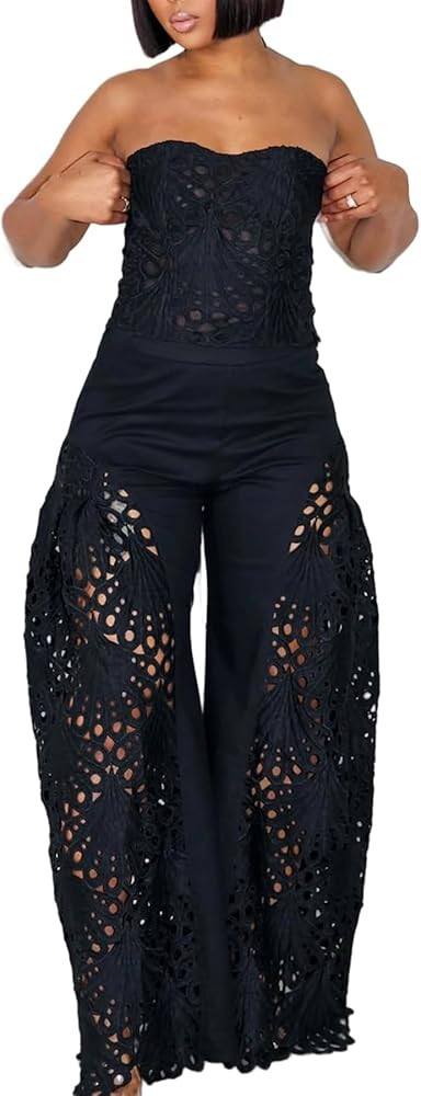 Women 2 Piece Lace Set Crop Strapless Corset Tube Top Hollow Out Eyelet Barrel Pants Party Jumpsu... | Amazon (US)