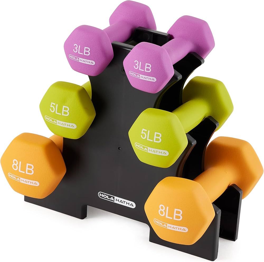 HolaHatha 2, 3, 5, 8, and 10 Pound Neoprene Dumbbell Free Hand Weight Set with Rack, Ideal for Ho... | Amazon (US)
